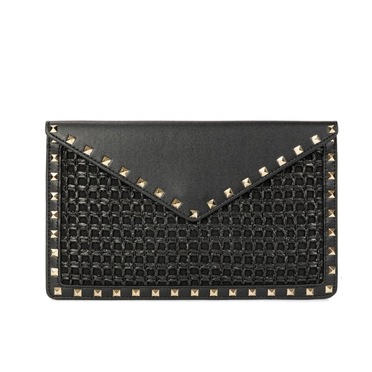 VO GARAVANI ROCKSTUD RAFFIA CLUTCH BAG IN BLACK 28CM