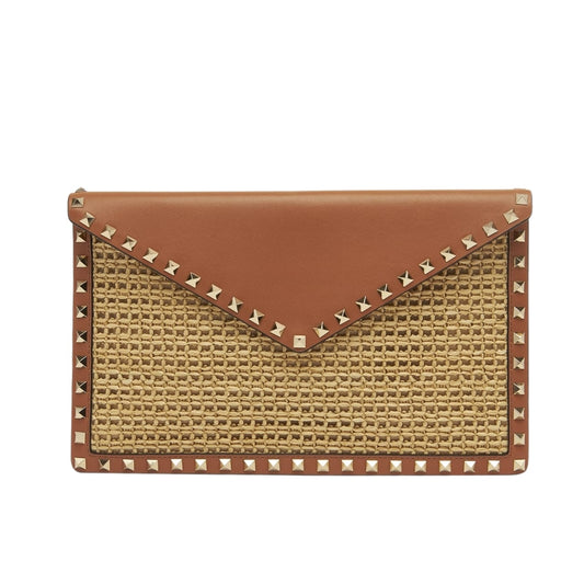 VO GARAVANI ROCKSTUD RAFFIA CLUTCH BAG IN BR  28CM