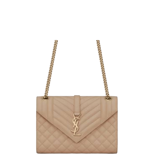 SAINT LAURENT ENVELOPE MEDIUM CHAIN BAG IN MIX MATELASSE GRAIN DE POUDRE EMBOSSED BEIGE 24CM
