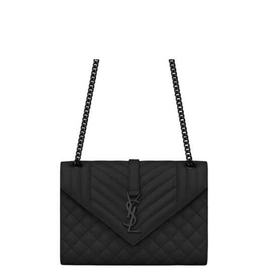 SAINT LAURENT ENVELOPE MEDIUM CHAIN BAG IN MIX MATELASSE GRAIN DE POUDRE EMBOSSED BLACK NOIR 24CM