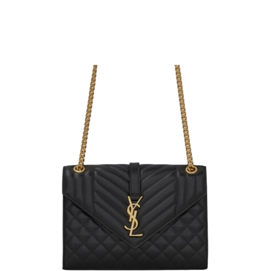 SAINT LAURENT ENVELOPE MEDIUM CHAIN BAG IN SUPPLE MATELASSE LEATHER BLACK GOLD 24CM