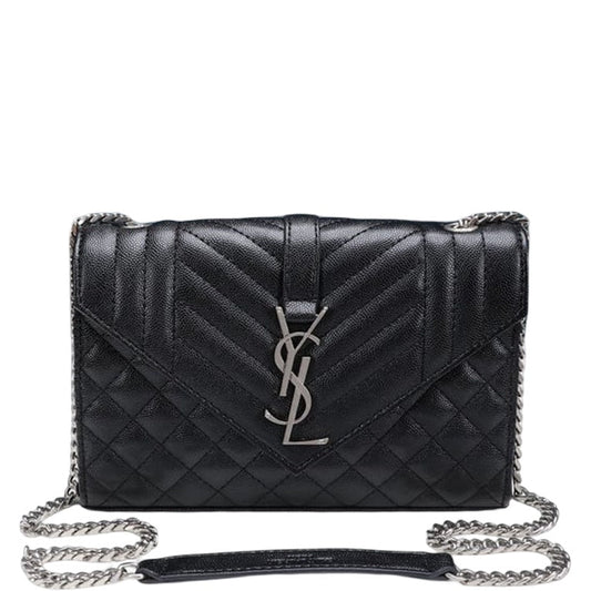 SAINT LAURENT ENVELOPE SMALL BAG IN MIX MATELASSE GRAIN DE POUDRE EMBOSSED BLACK SILVER 21CM