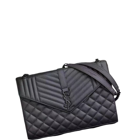 SAINT LAURENT ENVELOPE LARGE BAG IN MIX MATELASSE GRAIN DE POUDRE EMBOSSED LEATHER BLACK 31CM